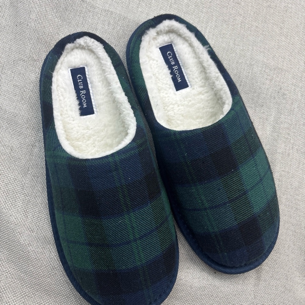 New Club Room Men's Jake Plaid Slip On Slippers Blue Green Small 6- 7